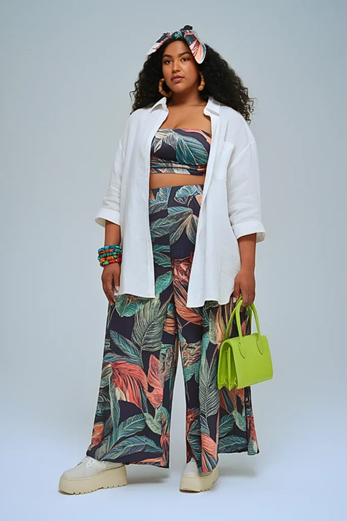 Plus Size Tropical Print Palazzo Summer Baddie Outfit