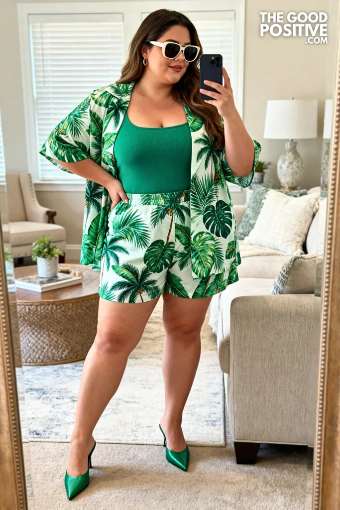 Plus Size Tropical Print Shorts Suit With Mule Heels Outfit