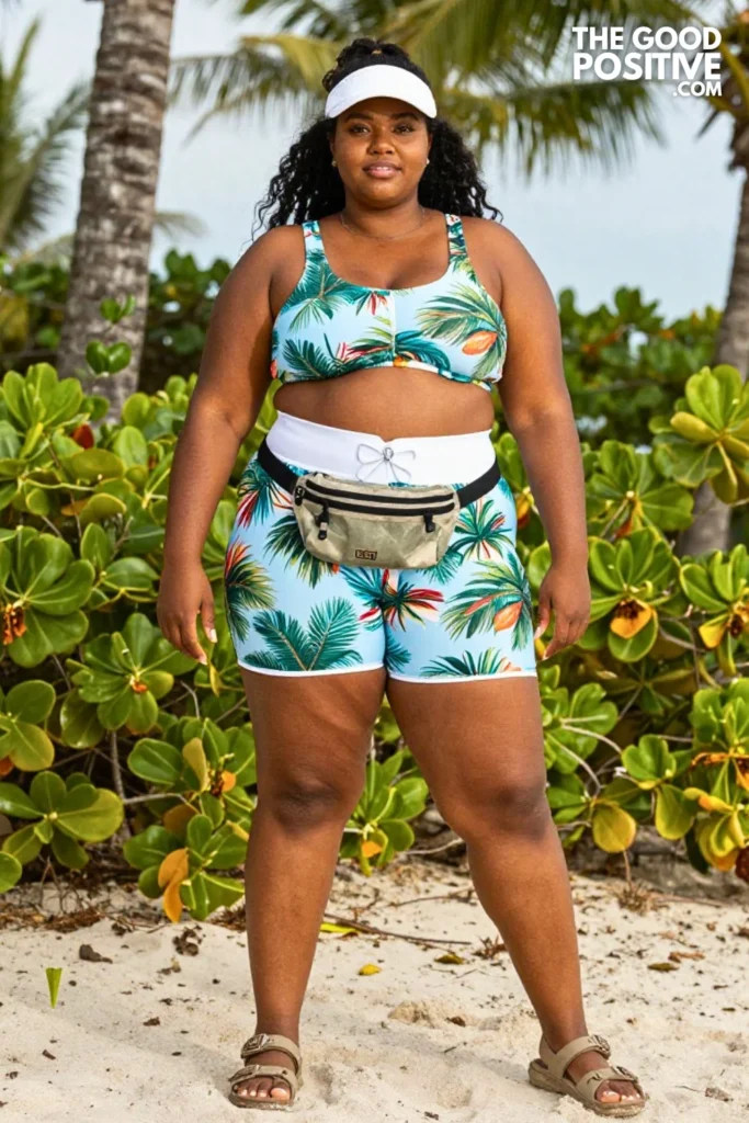 Plus Size Tropical Print Sports Bra With High-Waist Board Shorts Outfit