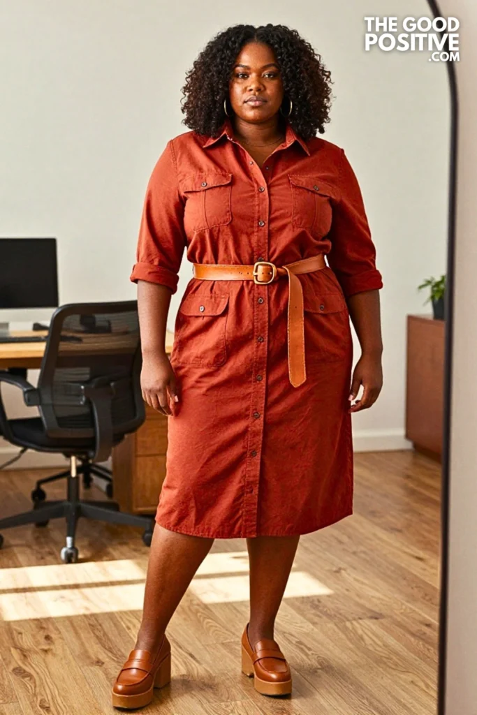Plus Size Utility-Style Belted Shirtdress With Rolled Sleeves Outfit