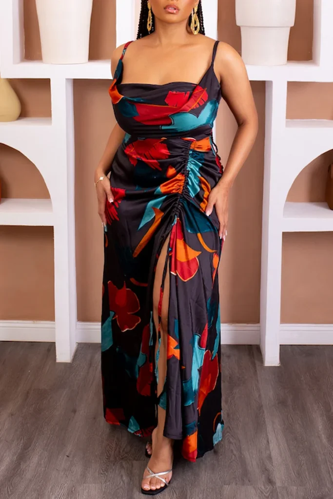 Plus Size Vacation Black Floral Cowl Neck Ruched Split Maxi Dress