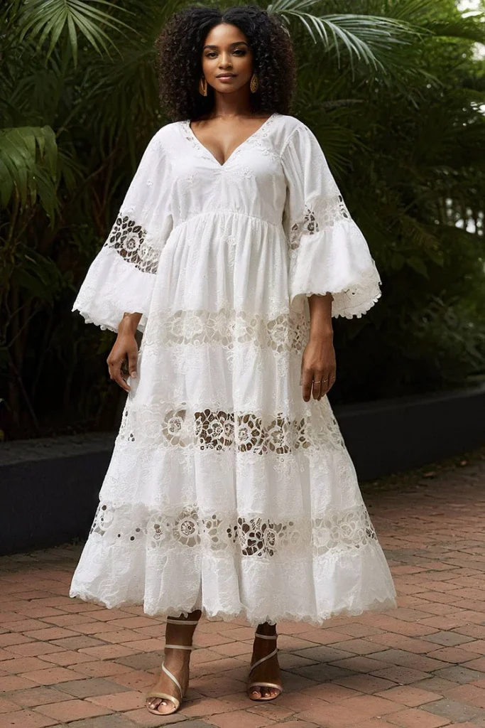 Plus Size Vacation White V Neck Flare 3:4 Sleeve Pocket Lace Maxi Dress