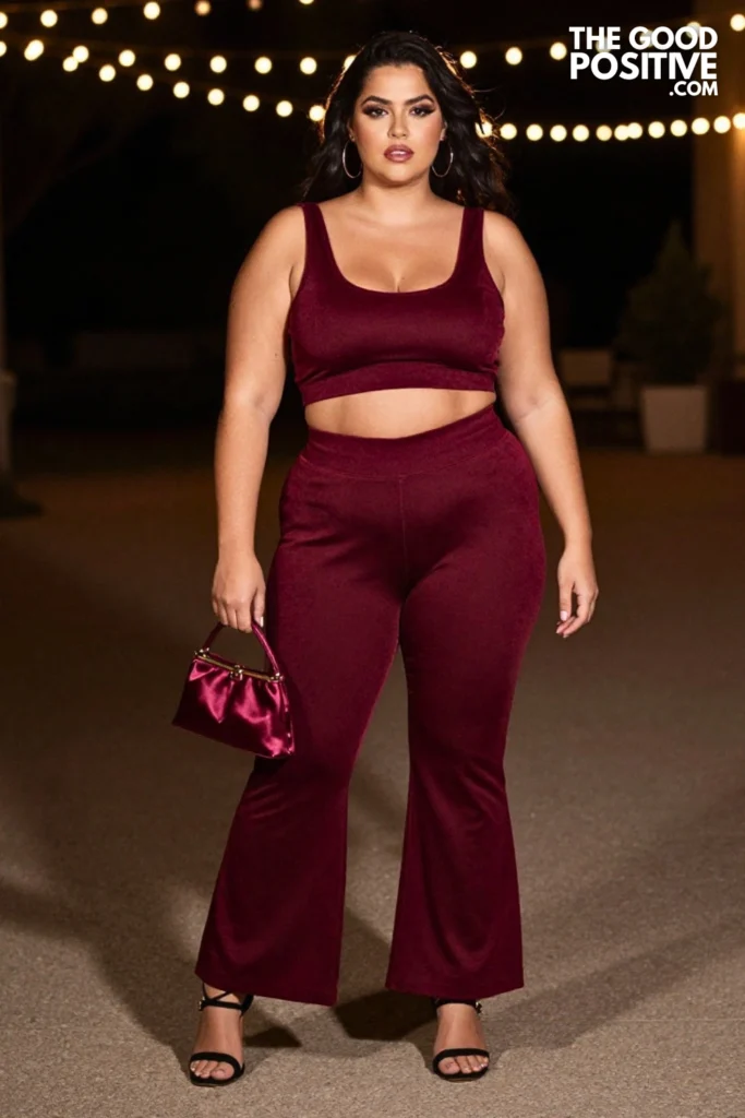 Plus Size Velour Crop Top & Flared Athletic Pants Outfit