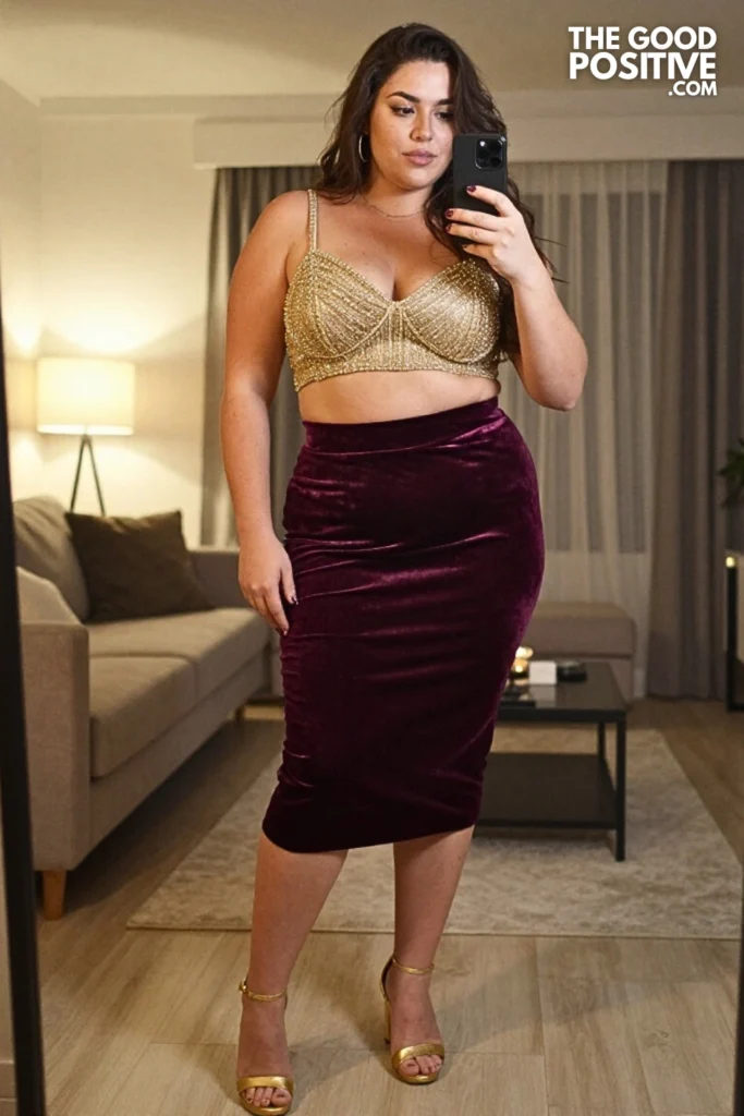 Plus Size Velvet Bodycon Skirt With Embellished Crop Top Outfit