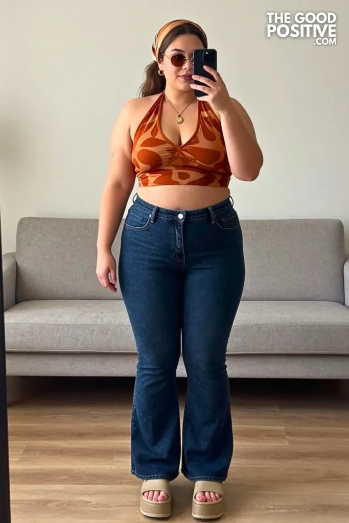 Plus Size Vintage 70s Halter Neck Top With High-Waist Flared Jeans Outfit