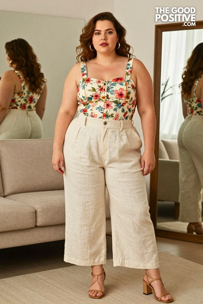 Plus Size Vintage Floral Corset Top With High-Waist Linen Wide-Leg Pants Outfit
