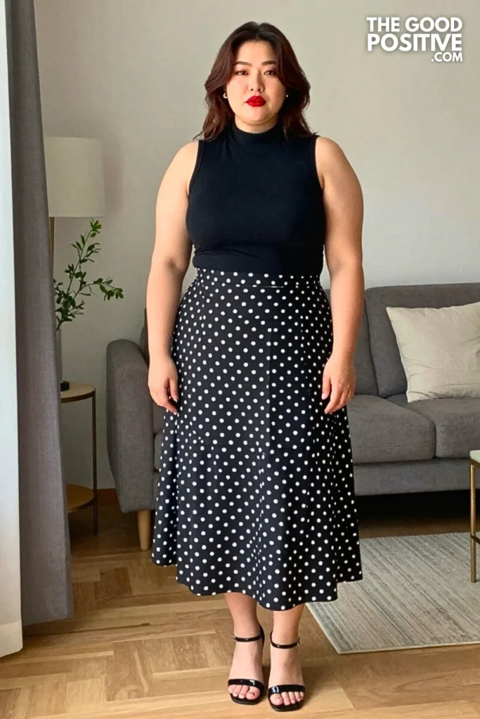 Plus Size Vintage-Inspired Polka Dot Midi Skirt With Fitted Turtleneck Sleeveless Top Outfit