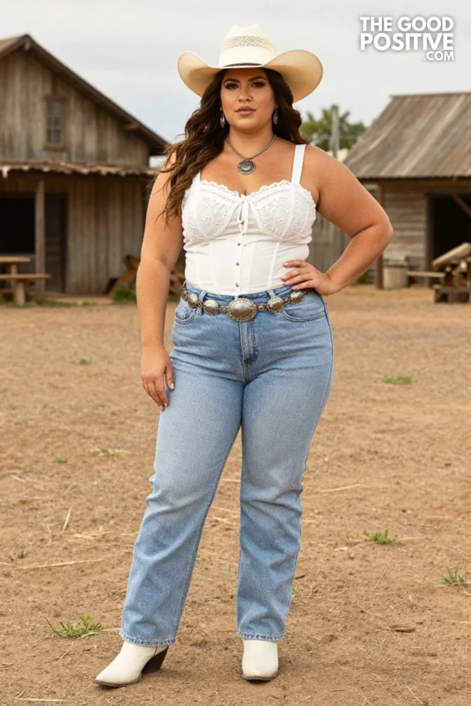 Plus Size White Broderie Anglaise Corset-Style Top & Straight-Leg Jeans Western Brunch Outfit