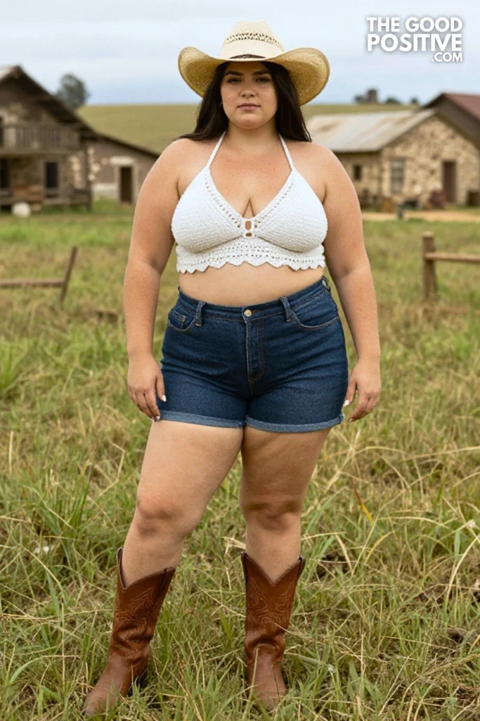 Plus Size White Crochet Halter Top & High-Waisted Denim Shorts Western Rodeo Outfit