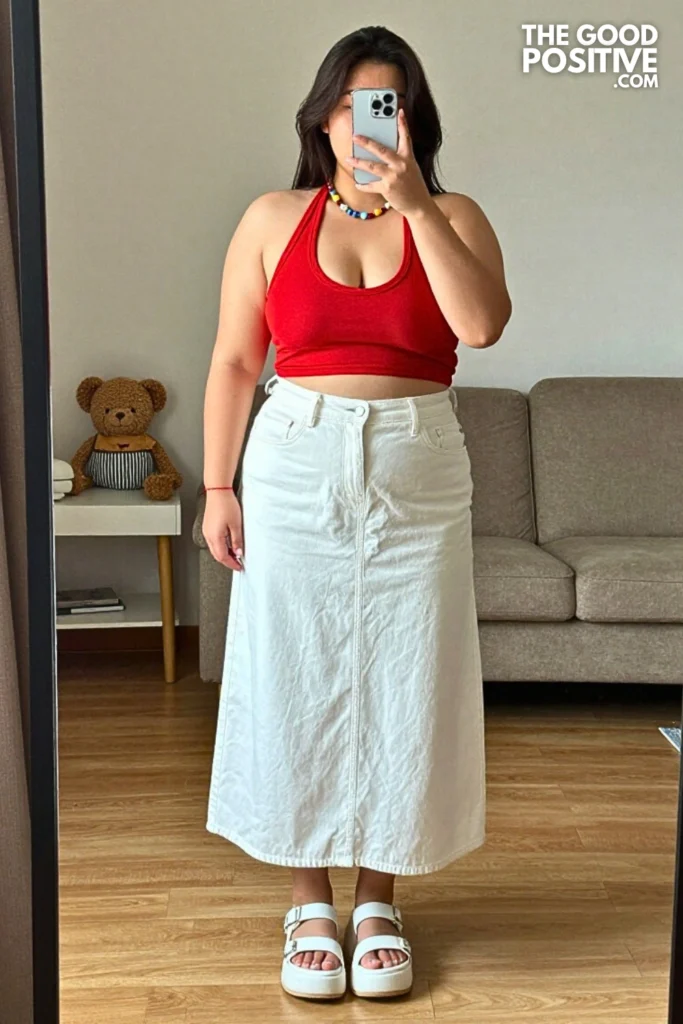 Plus Size White Denim Midi Skirt With Bright Colored Halter Top Outfit