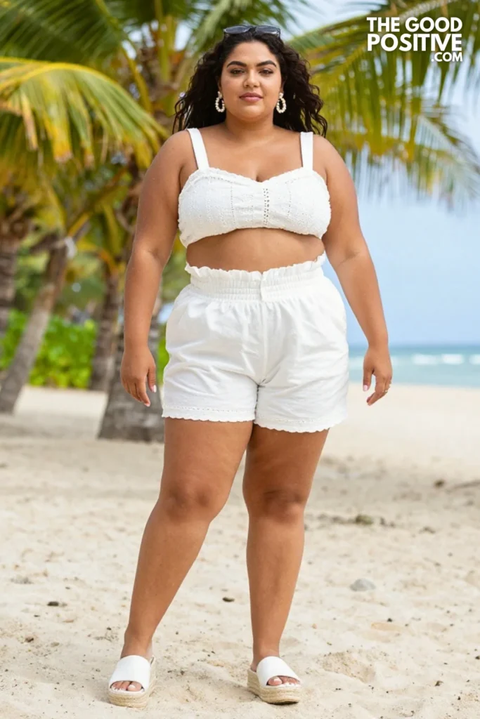 Plus Size White Eyelet Cotton Crop Top With High-Rise Paperbag Shorts Outfit