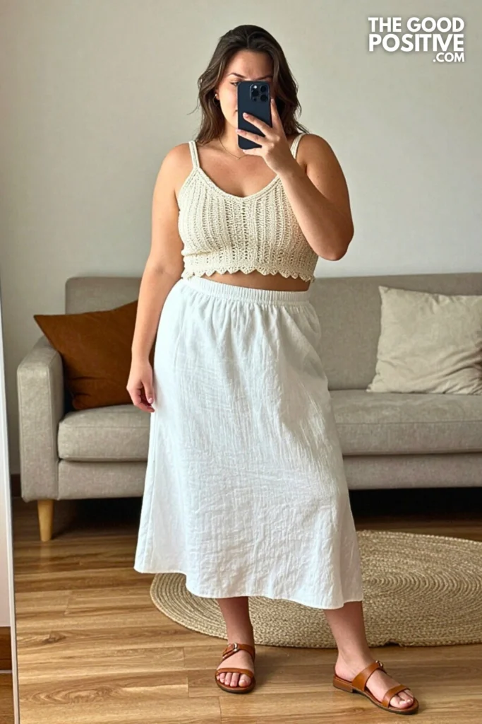 Plus Size White Linen Midi Skirt With Cropped Crochet Top Outfit