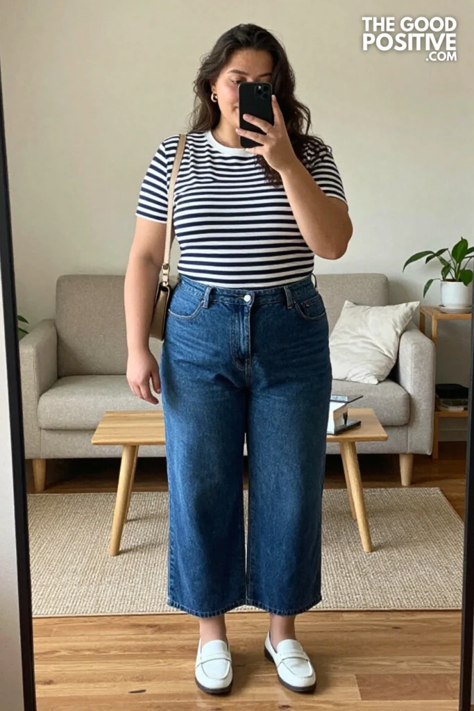 Plus Size Wide-Leg Crop Denim Jeans and Fitted Striped Breton Tee Outfit