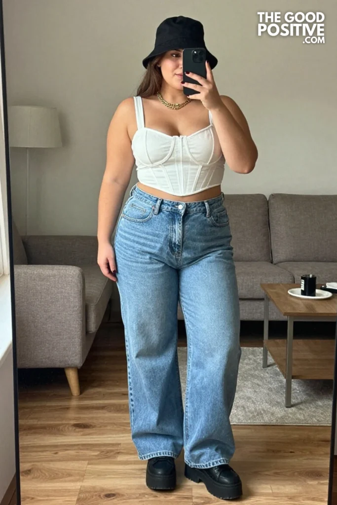 Plus Size Wide-Leg Jeans With Corset Top Streetwear Outfit