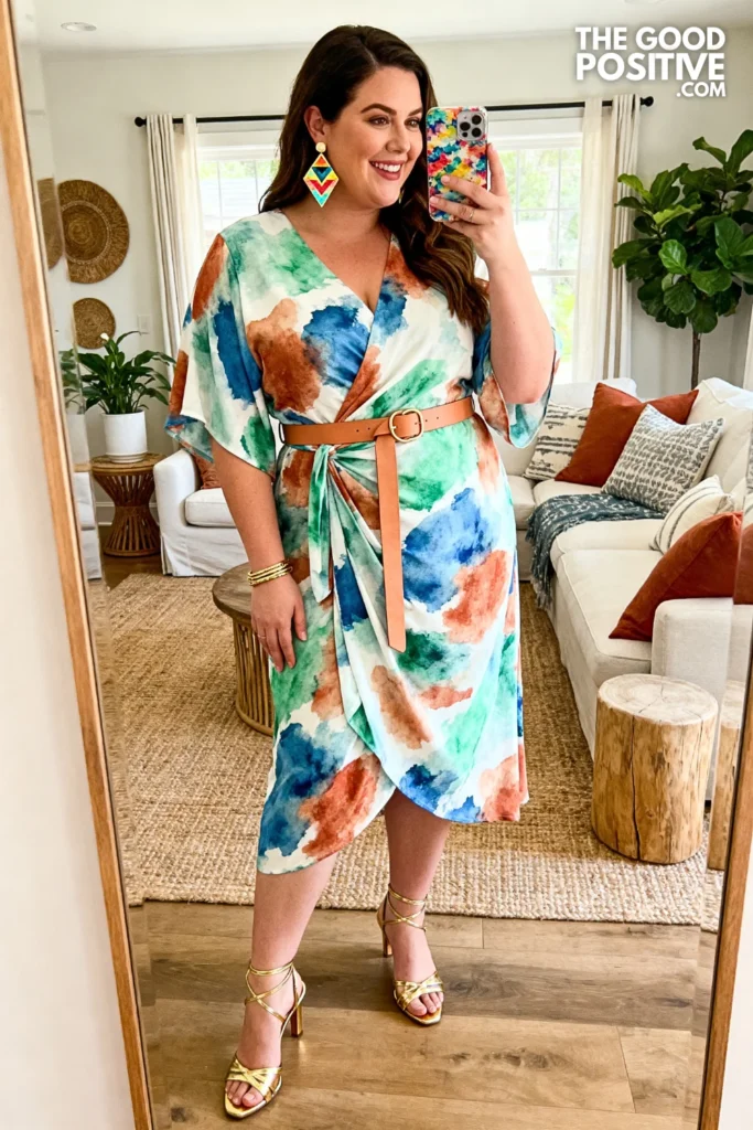 Plus Size Wrap Midi Dress In Abstract Watercolor Print Outfit