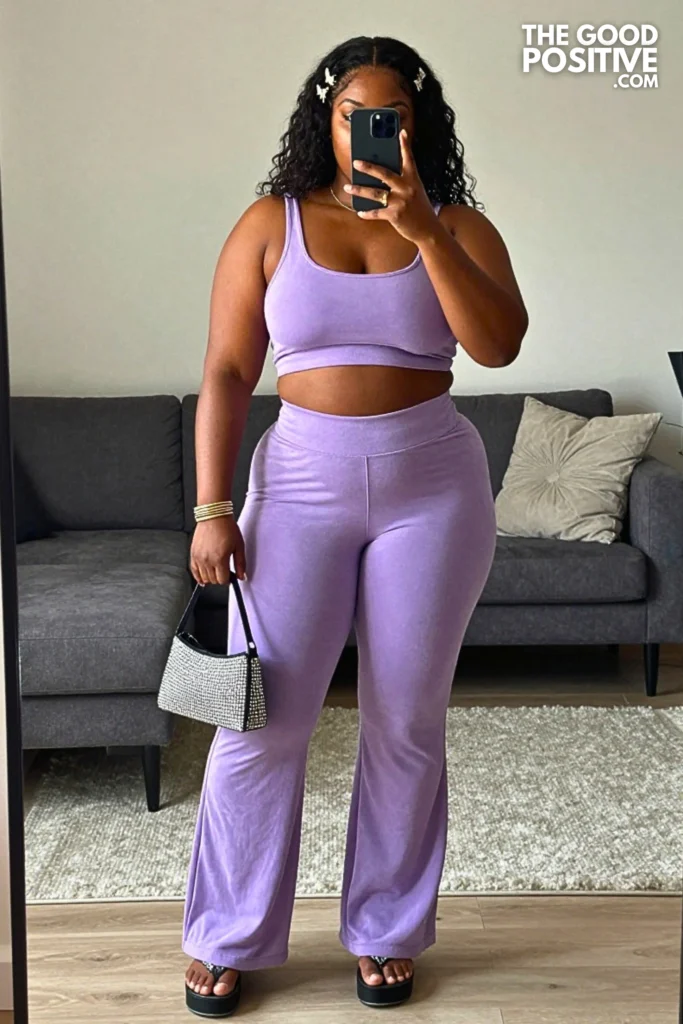 Plus Size Y2K Aesthetic Velour Crop Top With Low-Rise Flared Trousers Outfit