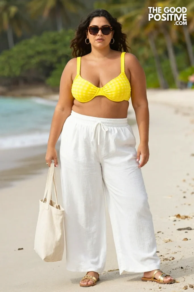 Plus Size Yellow Gingham Bikini Top With Tailored Palazzo Pants Outfit