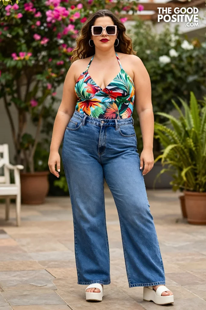 Plus Size Acid Wash Jeans With Halter Neck Printed Top Outfit