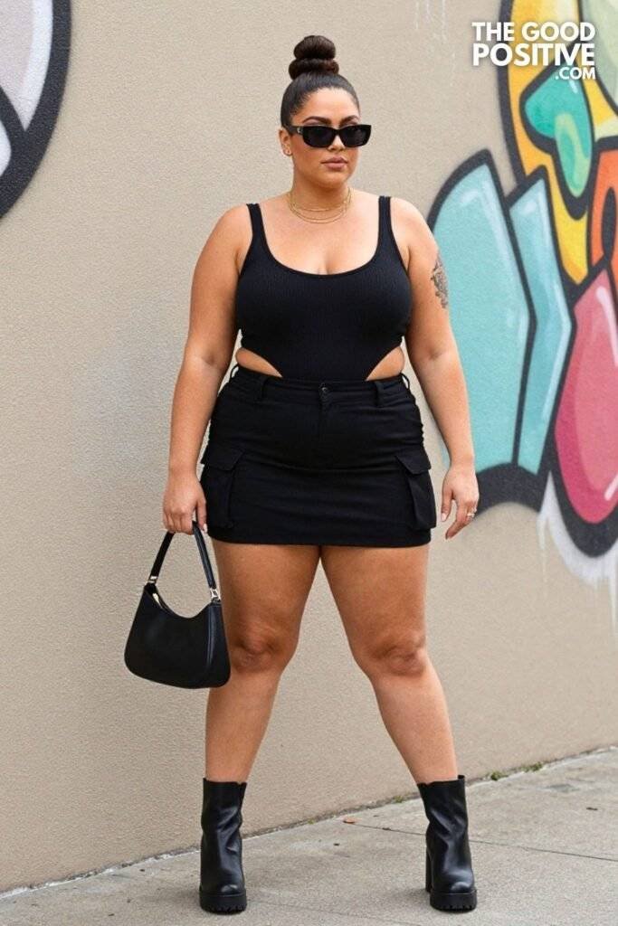 Plus Size Baddie Cut-Out Bodysuit & Cargo Mini Skirt Outfit