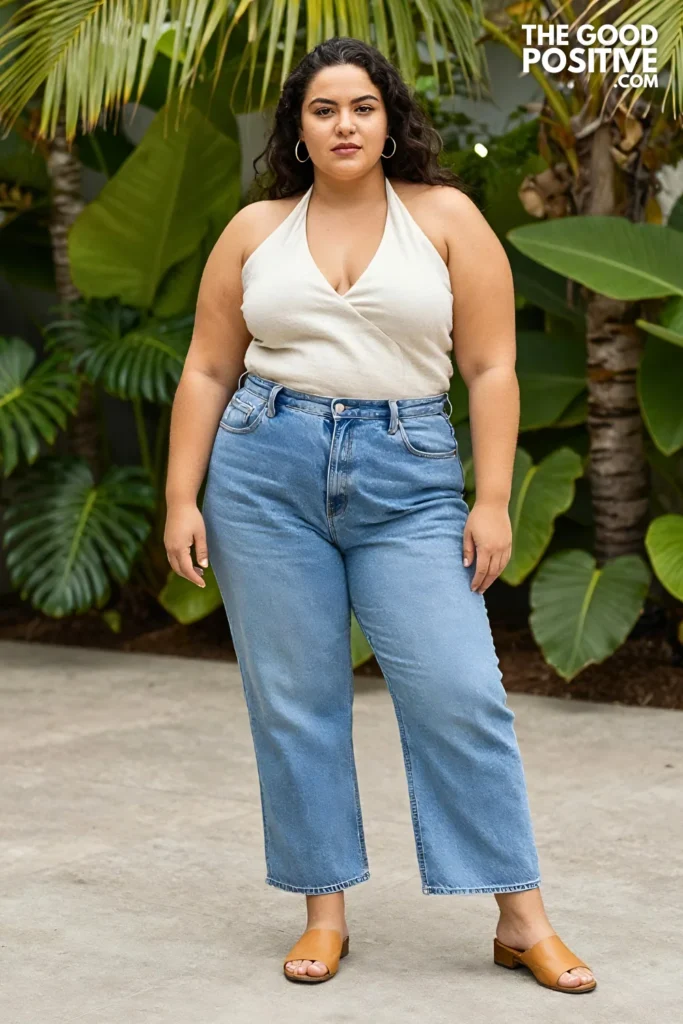 Plus Size Baggy Jeans With Linen Halter Top and Tan Mules Outfit