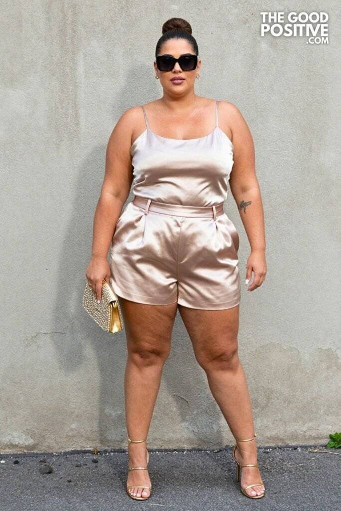 Plus Size Birthday Outfit Satin Slip-Style Cami & Tailored Shorts Set
