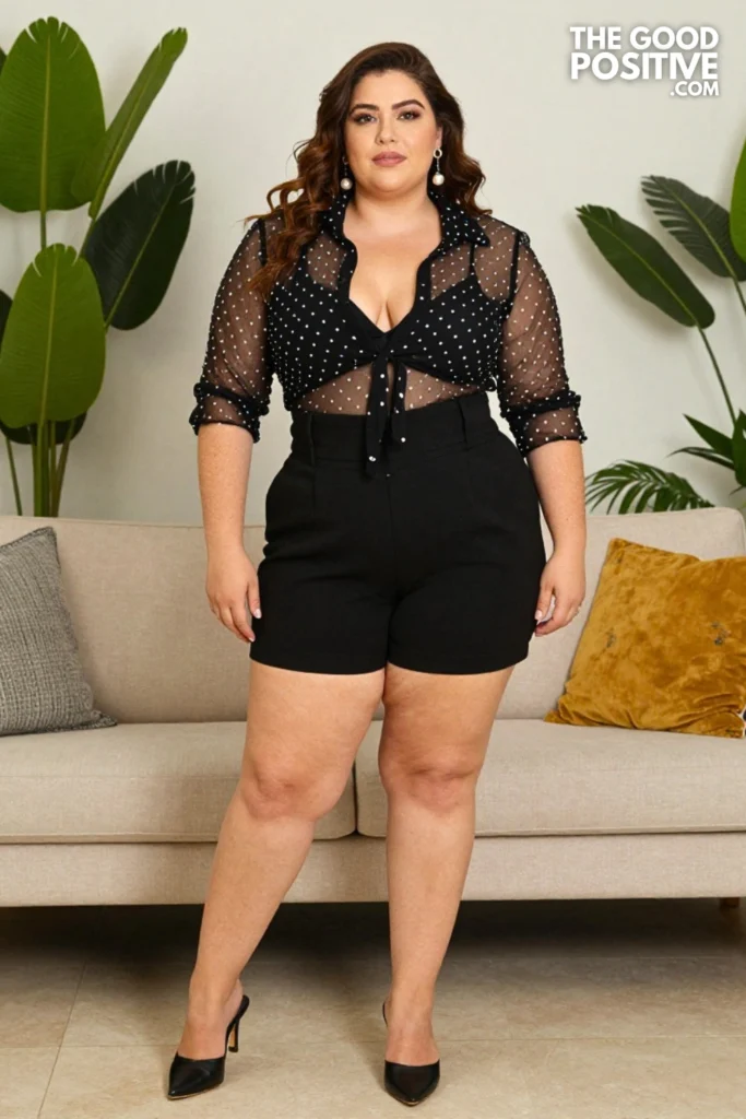Plus Size Black High-Waisted Shorts With Sheer Polka Dot Blouse and Kitten Heels Outfit