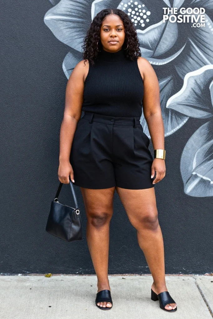Plus Size Black Pleated Shorts With Sleeveless Turtleneck Top and Mule Sandals Outfit