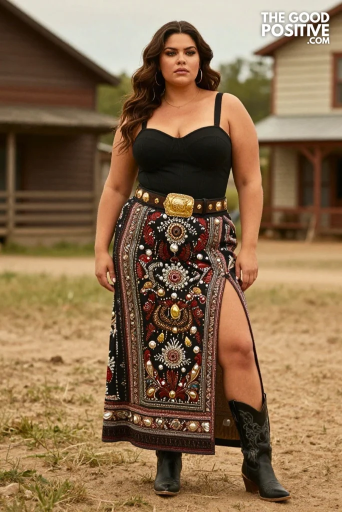 Plus Size Black Western Bralette Top & Embroidered Maxi Skirt Outfit