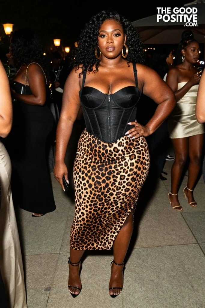 Plus Size Bold Animal Print Maxi Skirt With Black Corset Bustier Outfit