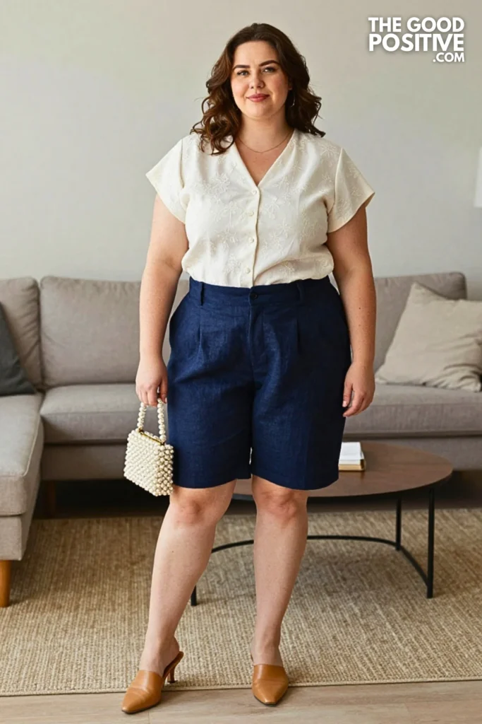 Plus Size Broderie Anglaise Blouse With Tailored Bermuda Shorts Outfit