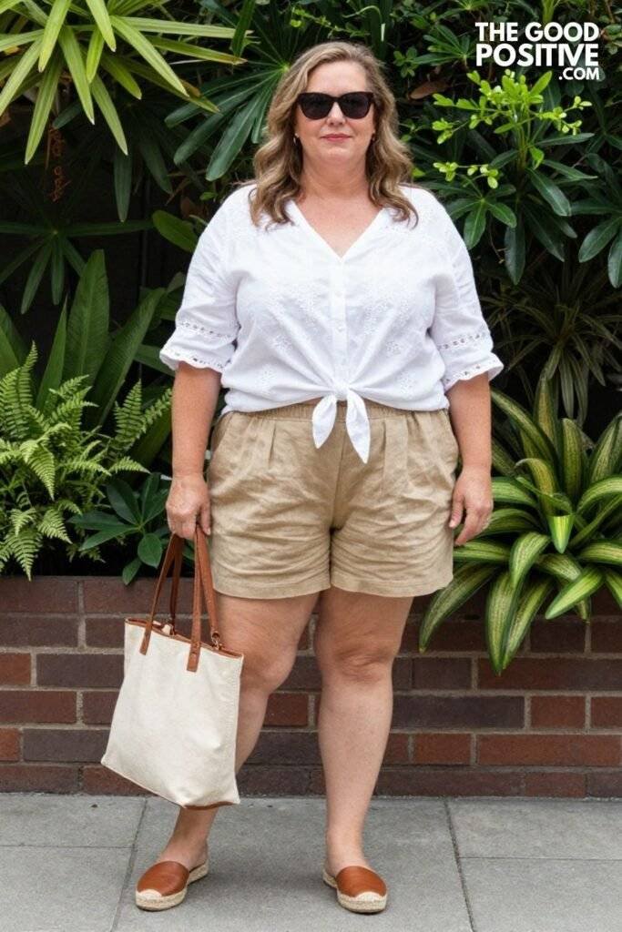 Plus Size Broderie Anglaise Cotton Blouse With Linen Shorts Comfortable Errands Outfit