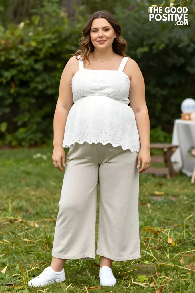 Plus Size Broderie Anglaise Cotton Top With Wide-Leg Maternity Joggers Outfit