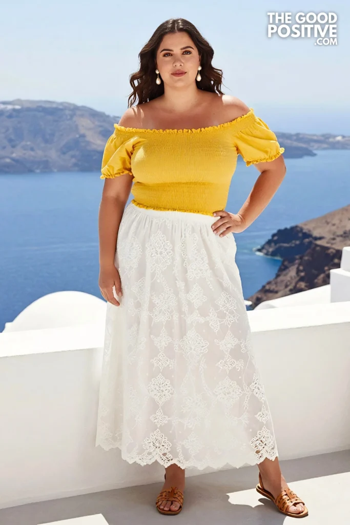 Plus Size Broderie Anglaise Maxi Skirt & Off-Shoulder Smocked Top Outfit