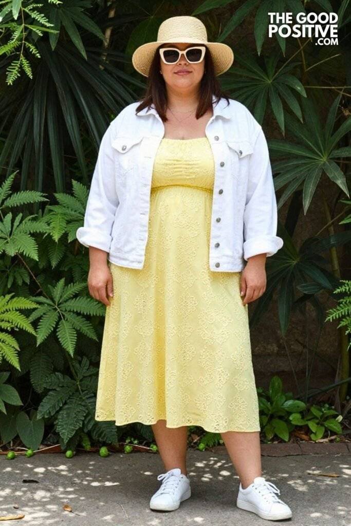 Plus Size Broderie Anglaise Sleeveless Midi Dress and Denim Jacket Outfit