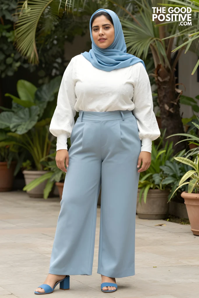 Plus Size Broderie Anglaise Top With Wide Leg Trousers Outfit