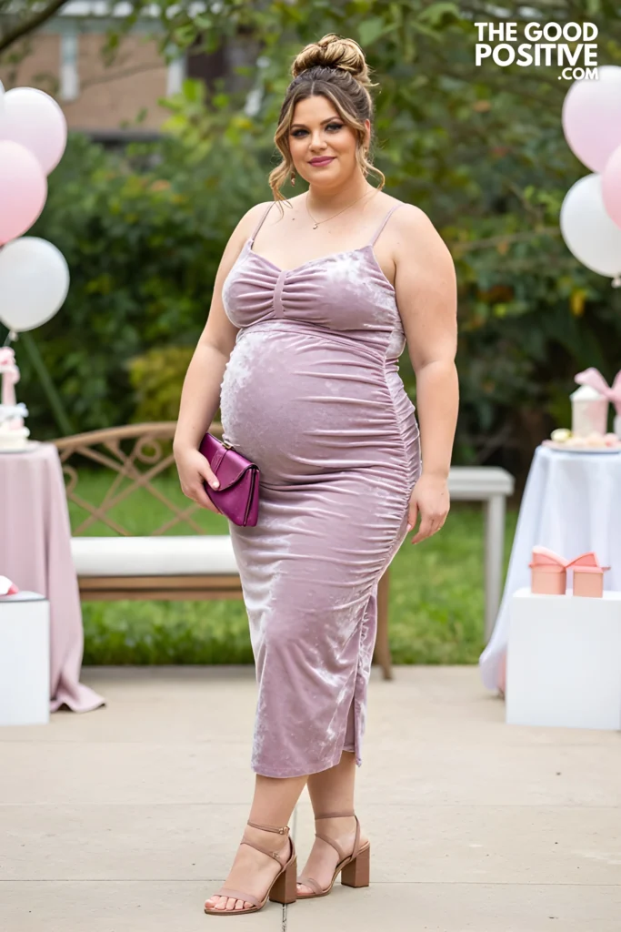 Plus Size Burnout Velvet Midi Dress With Ruched Front Detail Outfit