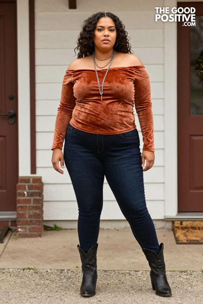 Plus Size Burnout Velvet Off-Shoulder Top & Dark Skinny Jean Outfit