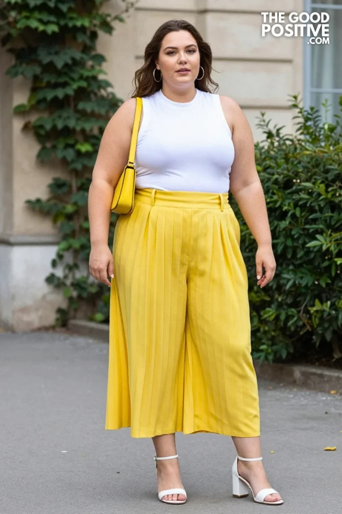 Plus Size Butter Yellow Pleated Culottes & Sleeveless Mock-Neck Top Outfit