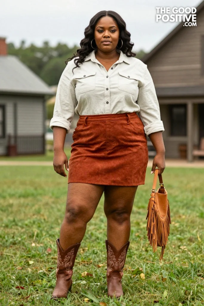Plus Size Chambray Button-Front Shirt & Rust Suede Mini Skirt Outfit