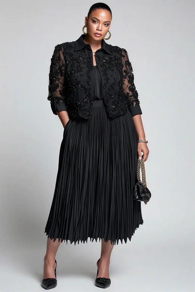 Plus Size Churchs Black Shirt Collar 3:4 Sleeve Pleated Elegant Pocket Lace Two Piece Skirt Set