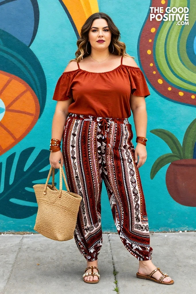 Plus Size Cold-Shoulder Tunic Top With Printed Harem Pants Boho Outfit