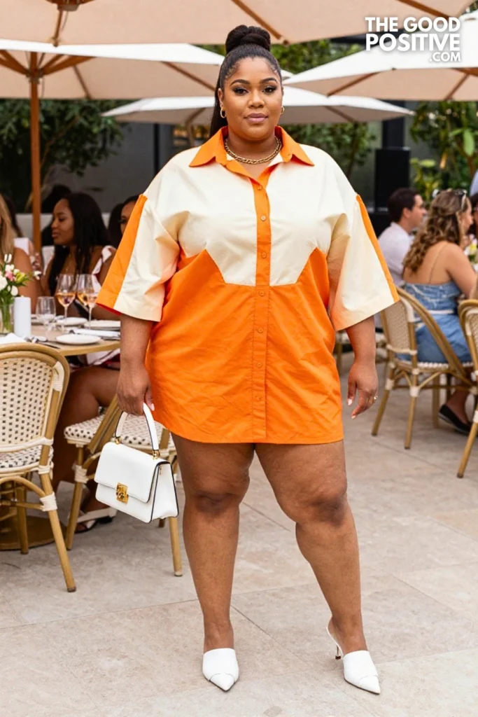 Plus Size Color-Block Shirt Dress With Oversized Collar Outfit