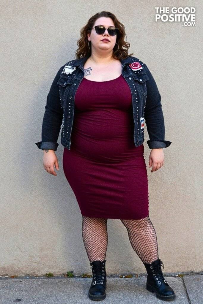 Plus Size Concert Outfit Studded Denim Jacket & Bodycon Dress