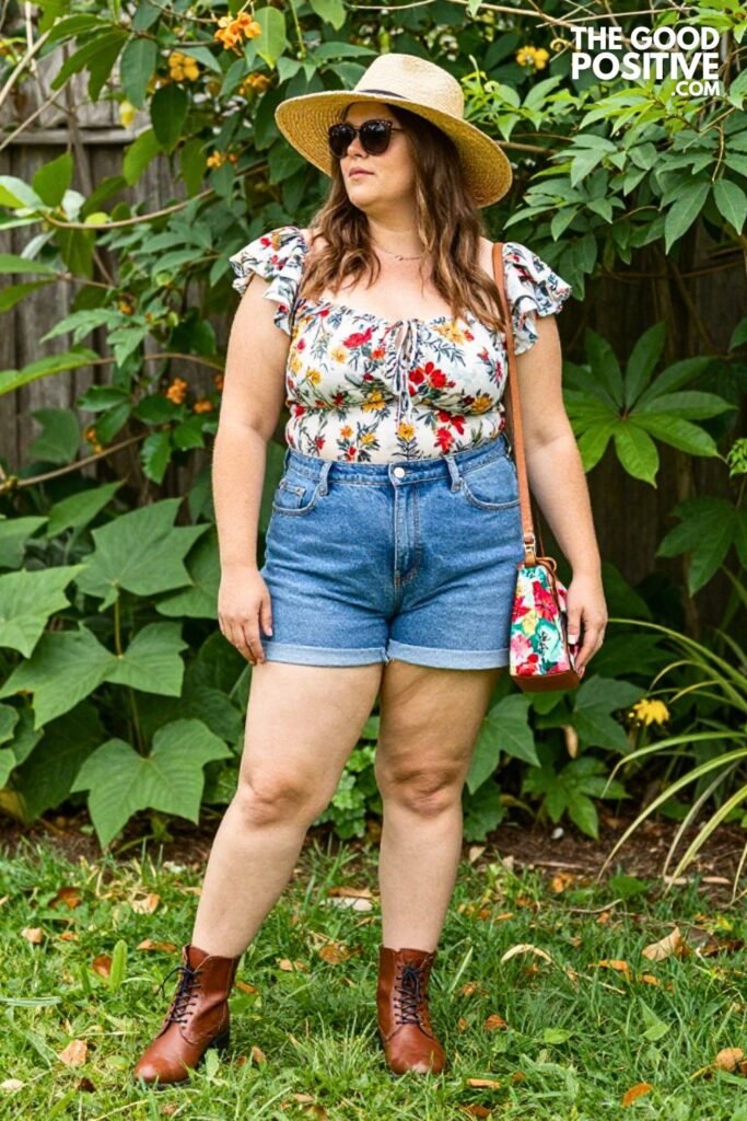Plus Size Cottagecore Prairie Blouse & Straight Denim Shorts Young Trendy Mom Outfit