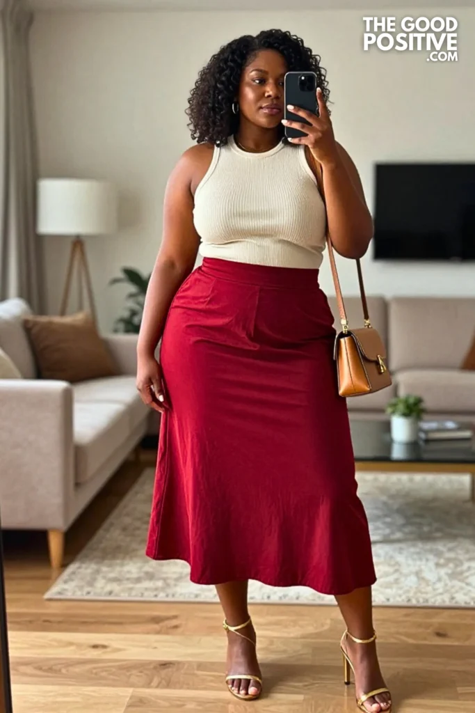 Plus Size Cotton Bubble Hem Skirt With Ribbed Cami Outfit