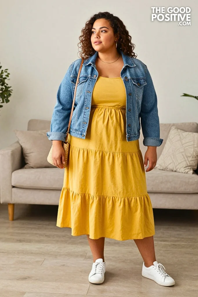 Plus Size Cotton Gauze Tiered Dress With Denim Jacket Outfit