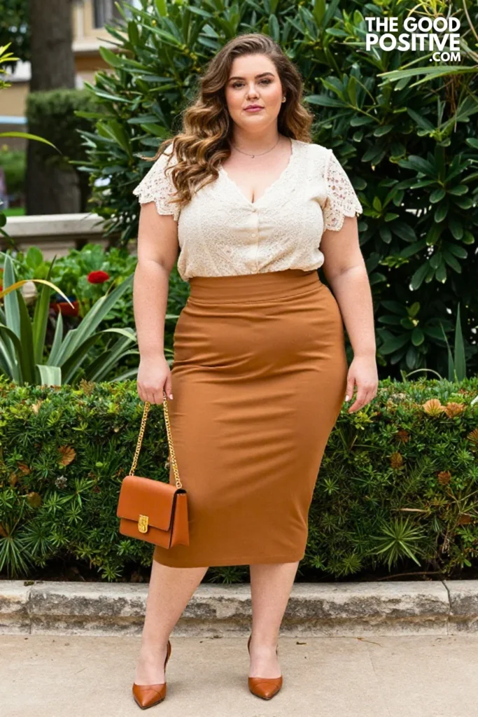 Plus Size Cream Lace-Trim Blouse & High-Waist Caramel Midi Skirt Outfit