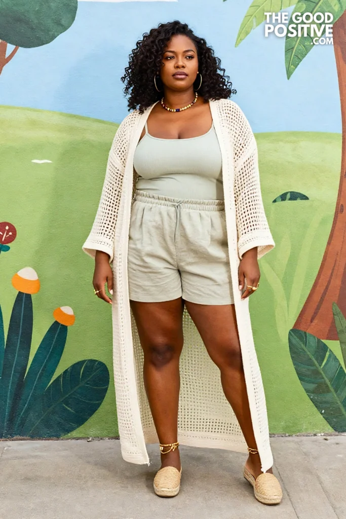 Plus Size Crochet Cardigan With High-Waist Linen Shorts Boho Outfit
