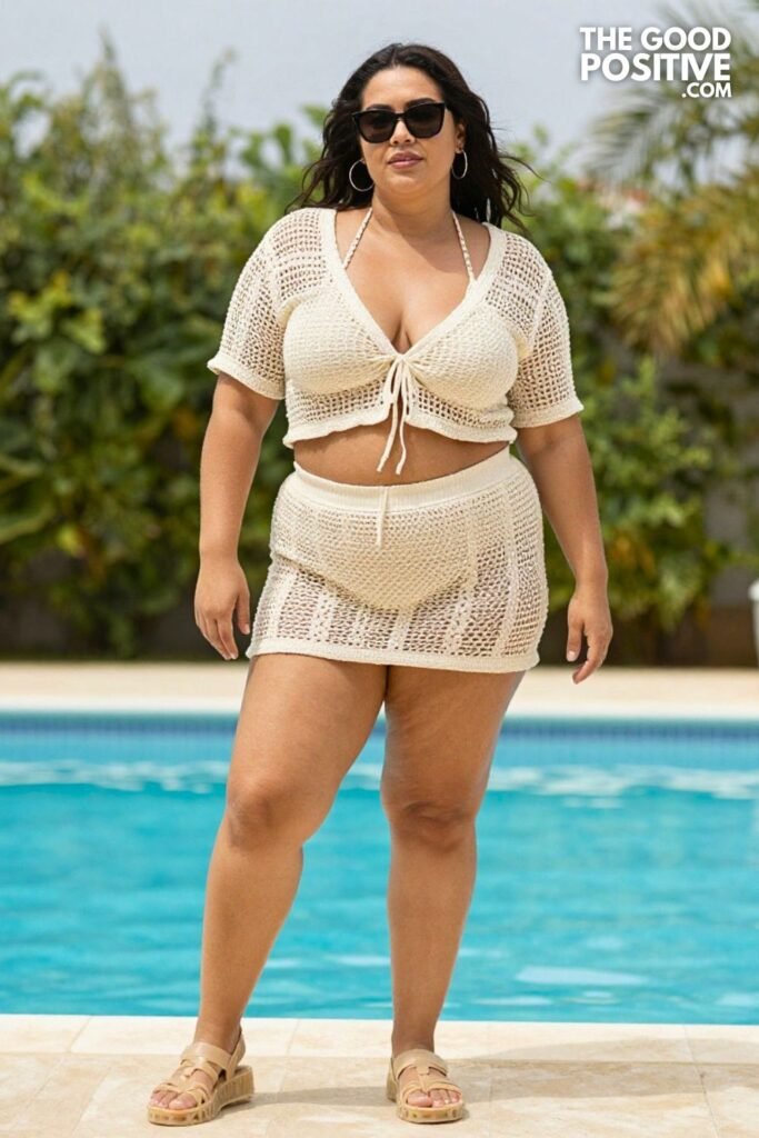 Plus Size Crochet Cover-Up Set & High-Waist Swimsuit Bottom Beach Mom Outfit