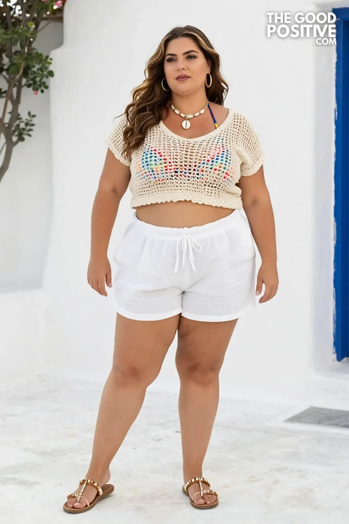 Plus Size Crochet Cover-Up Top With High-Waist Linen Shorts Outfit